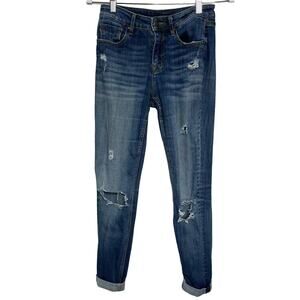 Vigoss Jagger Skinny Jeans Mid-Rise Distressed Rolled Cuff Hem Denim Blue 26